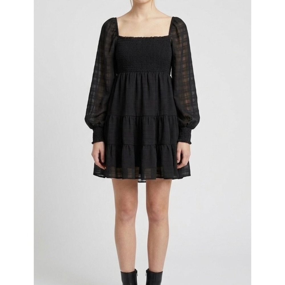 Urban‎ Outfitters Smocked Tiered Babydoll Mini Dress Size L Black Coquette Goth